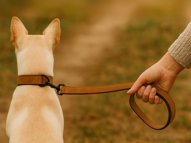 Brown luxury velvet dog leash, 120cm length and easy to grip, with a sturdy black metal clasp, designed for comfortable walk.